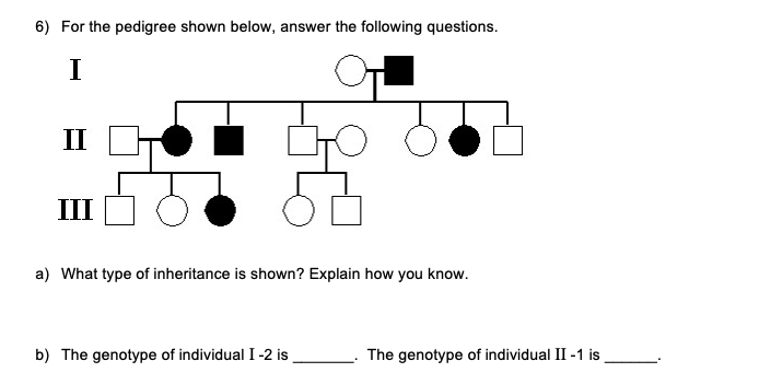 6) For the pedigree shown below, answer the following questions.
I
II
III
a) What type of inheritance is shown? Explain how you know.
b) The genotype of individual I -2 is
The genotype of individual II -1 is
