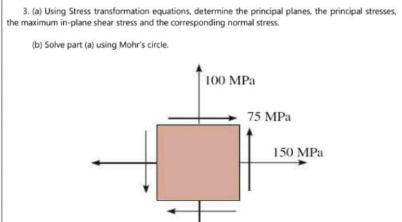 3. (a) Using Stress transformation equations, determine the principal planes, the principal stresses,
the maximum in-plane shear stress and the corresponding normal stress.
(b) Solve part (a) using Mohr's circle.
100 MPa
75 MPa
150 MPa

