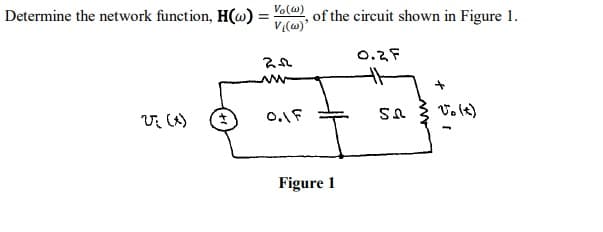 Determine the network function, H(w):
=
Vo(w)
Vi(w)'
202
, of the circuit shown in Figure 1.
0.3F
√(x)
0.1F
ՏՈ
Volt)
Figure 1