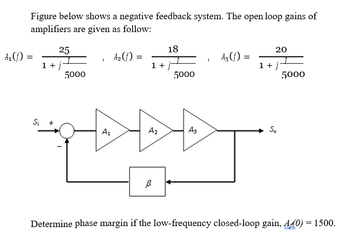Figure below shows a negative feedback system. The open loop gains of
amplifiers are given as follow:
25
18
20
A,(f) =
A2 (f)
A3 (f) =
1 +j
5000
1 + j
5000
1 + j
5000
Si
A1
A2
Аз
S.
Determine phase margin if the low-frequency closed-loop gain, A10) = 1500.
