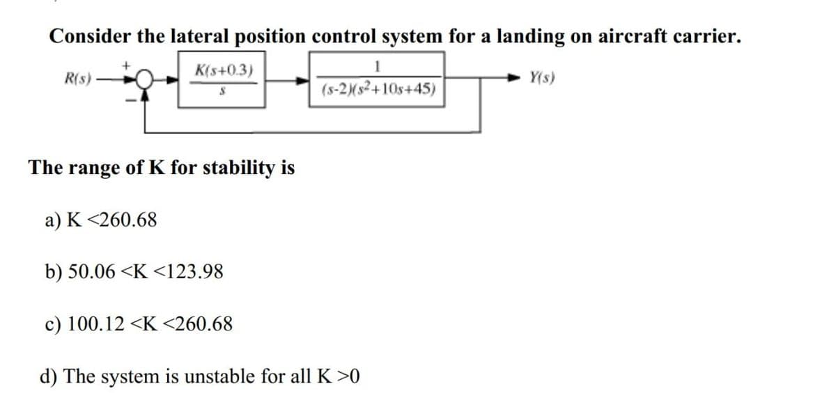 Consider the lateral position control system for a landing on aircraft carrier.
K(s+0.3)
1
R(s)
Y(s)
(s-2)(s2+10s+45)
The range of K for stability is
a) K <260.68
b) 50.06 <K <123.98
c) 100.12 <K <260.68
d) The system is unstable for all K >0
