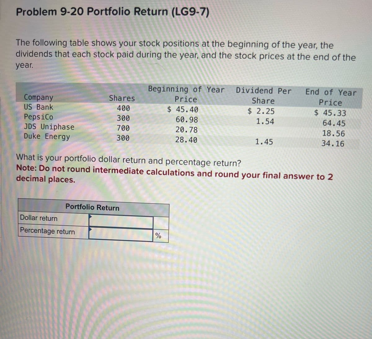 Problem 9-20 Portfolio Return (LG9-7)
The following table shows your stock positions at the beginning of the year, the
dividends that each stock paid during the year, and the stock prices at the end of the
year.
Company
US Bank
PepsiCo
JDS Uniphase
Duke Energy
Shares
400
300
700
300
Portfolio Return
Dollar return
Percentage return
Beginning of Year
Price
$ 45.40
60.98
20.78
28.40
Dividend Per
Share
$ 2.25
1.54
%
1.45
What is your portfolio dollar return and percentage return?
Note: Do not round intermediate calculations and round your final answer to 2
decimal places.
End of Year
Price
$ 45.33
64.45
18.56
34.16