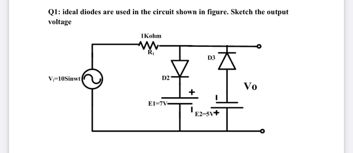 Q1: ideal diodes are used in the circuit shown in figure. Sketch the output
voltage
1Kohm
D3
V=10Sinwt
D2
Vo
E1=7V
E2=5V+
