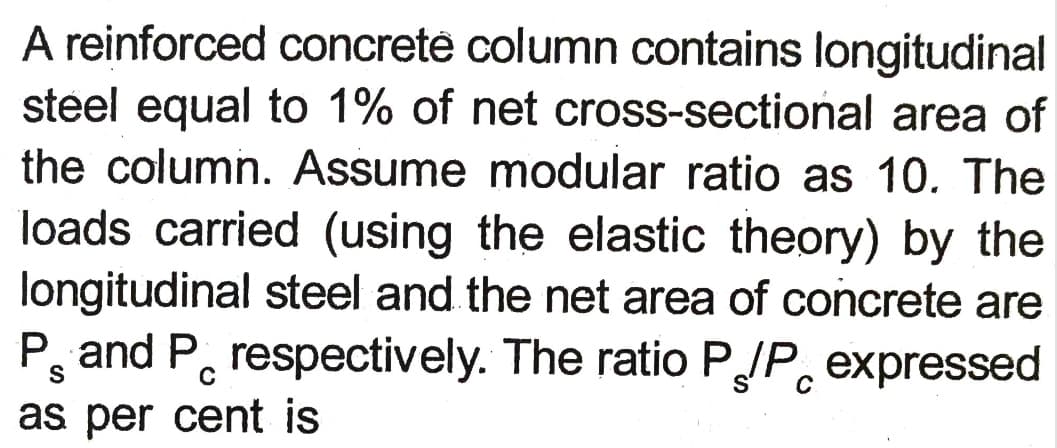 A reinforced concreté column contains longitudinal
steel equal to 1% of net cross-sectional area of
the column. Assume modular ratio as 10. The
loads carried (using the elastic theory) by the
longitudinal steel and the net area of concrete are
P and P, respectively. The ratio PJP, expressed
as per cent is
