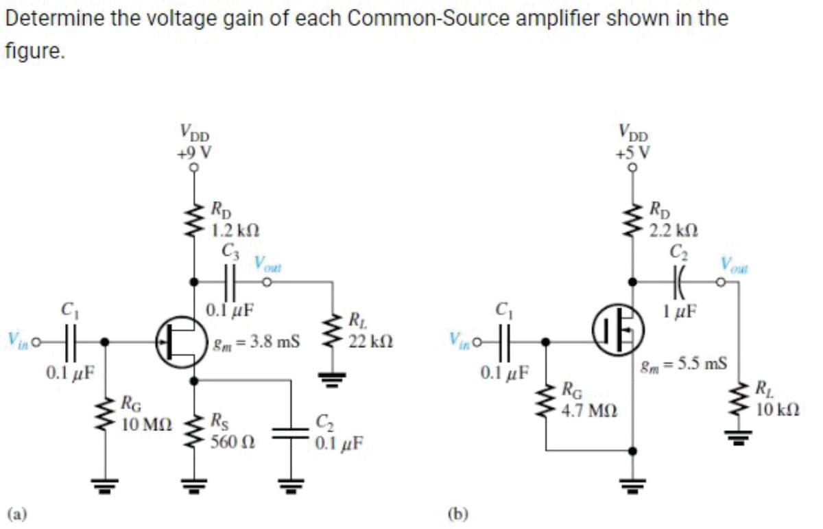Determine the voltage gain of each Common-Source amplifier shown in the
figure.
C₁
Vino |
(a)
0.1 μF
VDD
+9 V
€
RG
10 ΜΩ
RD
1.2 ΚΩ
C3
HH
0.1 μF
8m = 3.8 ms
www
Rs
· 560 Ω
www
R₁
22 ΚΩ
C₂
0.1 μF
(b)
C₁
HH
0.1 μF
VDD
+5 V
Ⓡ
RG
4.7 ΜΩ
RD
2.2 ΚΩ
C₂
HE
1 μF
8m = 5.5 mS
RL
10 ΚΩ