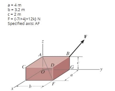 a = 4 m
b = 3.2 m
c = 2 m
F = {-7i+4j+12k} N
Specified axis: AF
A
B
D.
-y
F
