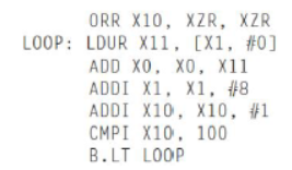 ORR X10, XZR, XZR
LOOP: LDUR X11, [X1, #0]
ADD XO, XO, X11
ADDI X1, X1, #8
ADDI X10, X10, #1
CMPI X10, 100
B.LT LOOP