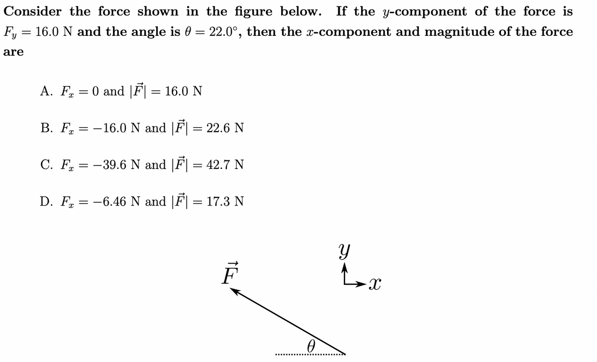 Consider the force shown in the figure below. If the y-component of the force is
F, = 16.0 N and the angle is 0 = 22.0°, then the x-component and magnitude of the force
are
A. F = 0 and |F| = 16.0 N
В. F.
:-16.0 N and |F| = 22.6 N
C. F = -39.6 N and |F| = 42.7 N
D. F = -6.46 N and |F| = 17.3 N
