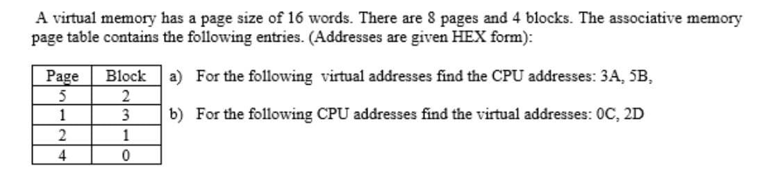 A virtual memory has a page size of 16 words. There are 8 pages and 4 blocks. The associative memory
page table contains the following entries. (Addresses are given HEX form):
Page
Block
a) For the following virtual addresses find the CPU addresses: 3A, 5B,
1
3
b) For the following CPU addresses find the virtual addresses: 0C, 2D
1
4
