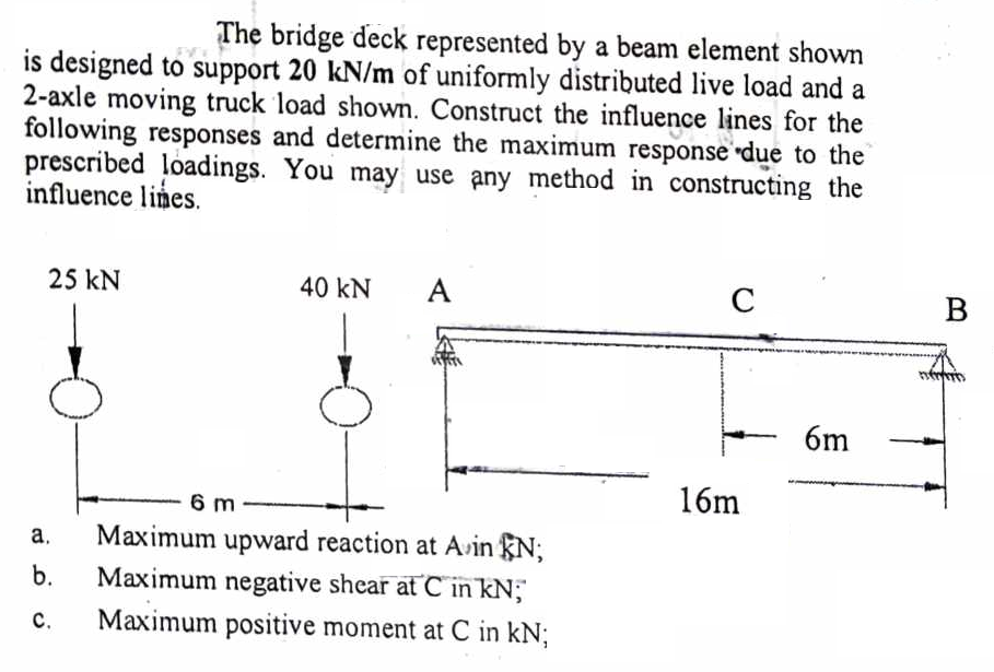 h
The bridge deck represented by a beam element shown
is designed to support 20 kN/m of uniformly distributed live load and a
2-axle moving truck load shown. Construct the influence lines for the
following responses and determine the maximum response due to the
prescribed loadings. You may use any method in constructing the
influence lines.
25 kN
a.
b.
C.
40 kN A
6 m-
Maximum upward reaction at Avin KN;
Maximum negative shear at C in kN;
Maximum positive moment at C in kN;
C
16m
6m
B