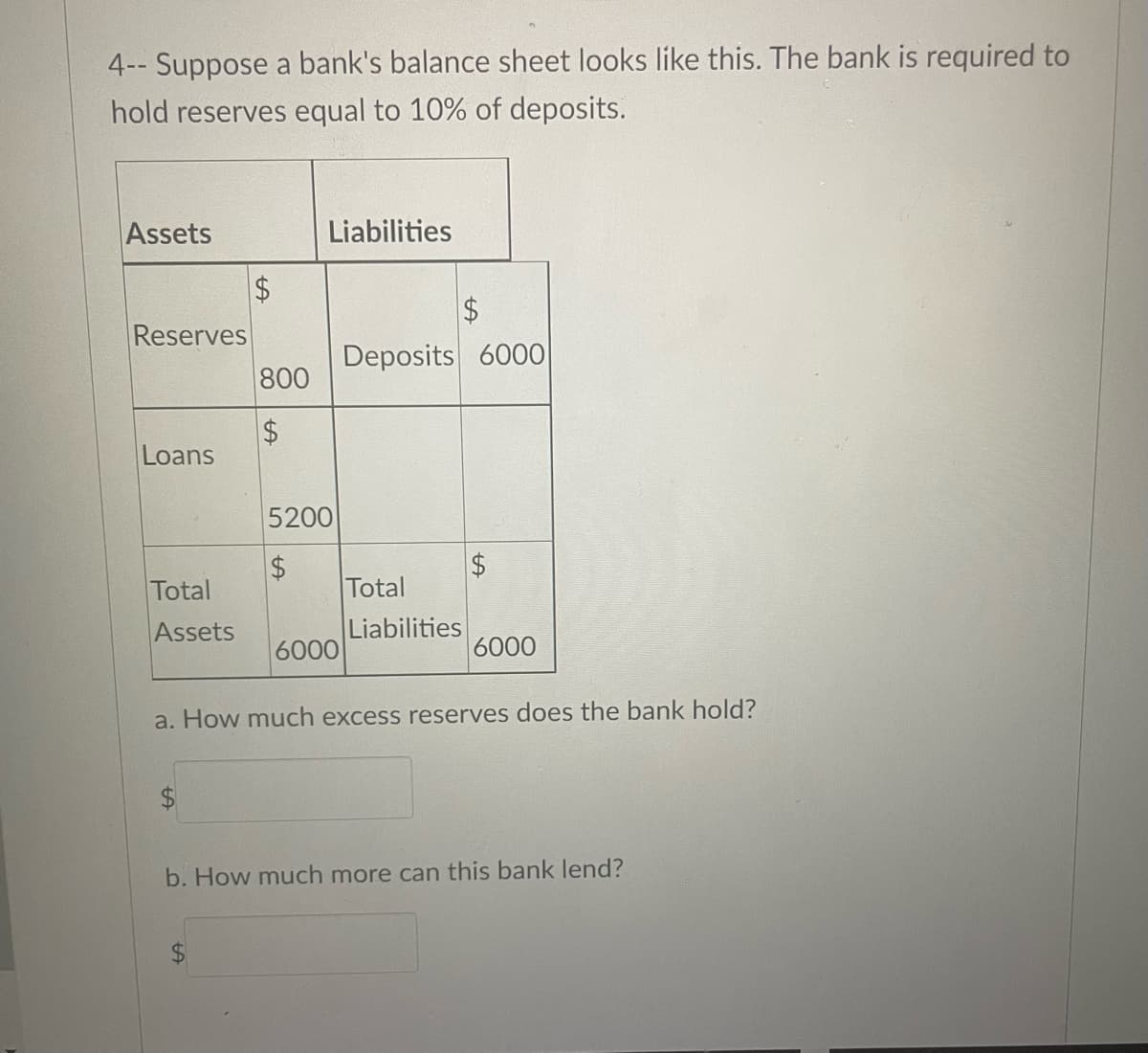 4-- Suppose a bank's balance sheet looks like this. The bank is required to
hold reserves equal to 10% of deposits.
Assets
Reserves
Loans
Total
Assets
$
800
$
Liabilities
5200
$
6000
$
Deposits 6000
Total
Liabilities
LA
6000
a. How much excess reserves does the bank hold?
b. How much more can this bank lend?