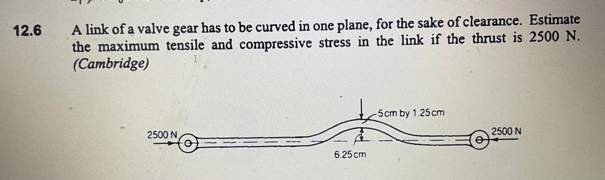 A link of a valve gear has to be curved in one plane, for the sake of clearance. Estimate
the maximum tensile and compressive stress in the link if the thrust is 2500 N.
(Cambridge)
12.6
I
5cm by 1.25 cm
2500 N
2500 N
6.25 cm
