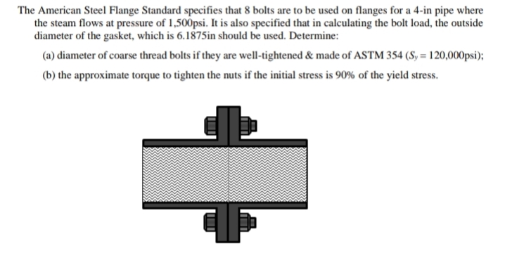 The American Steel Flange Standard specifies that 8 bolts are to be used on flanges for a 4-in pipe where
the steam flows at pressure of 1,500psi. It is also specified that in calculating the bolt load, the outside
diameter of the gasket, which is 6.1875in should be used. Determine:
(a) diameter of coarse thread bolts if they are well-tightened & made of ASTM 354 (Sy = 120,000psi);
(b) the approximate torque to tighten the nuts if the initial stress is 90% of the yield stress.