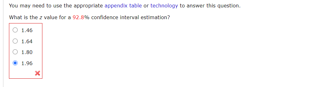 You may need to use the appropriate appendix table or technology to answer this question.
What is the z value for a 92.8% confidence interval estimation?
1.46
1.64
1.80
O 1.96
O O
