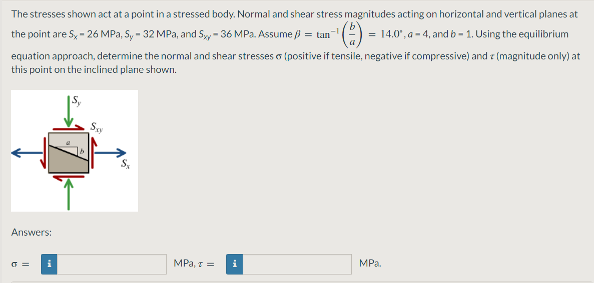 The stresses shown act at a point in a stressed body. Normal and shear stress magnitudes acting on horizontal and vertical planes at
()
-1
the point are Sx = 26 MPa, Sy = 32 MPa, and Sxy = 36 MPa. Assume ß = tan
= 14.0°, a = 4, and b = 1. Using the equilibrium
equation approach, determine the normal and shear stresses o (positive if tensile, negative if compressive) and z (magnitude only) at
this point on the inclined plane shown.
Sxy
a
Answers:
O =
i
MPа, т 3
i
MPa.
