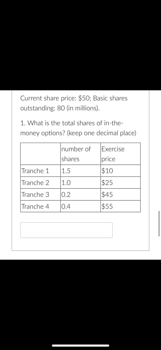 Current share price: $50; Basic shares
outstanding: 80 (in millions).
1. What is the total shares of in-the-
money options? (keep one decimal place)
number of
shares
Exercise
price
Tranche 1
1.5
$10
Tranche 2
1.0
$25
Tranche 3
0.2
$45
Tranche 4
0.4
$55

