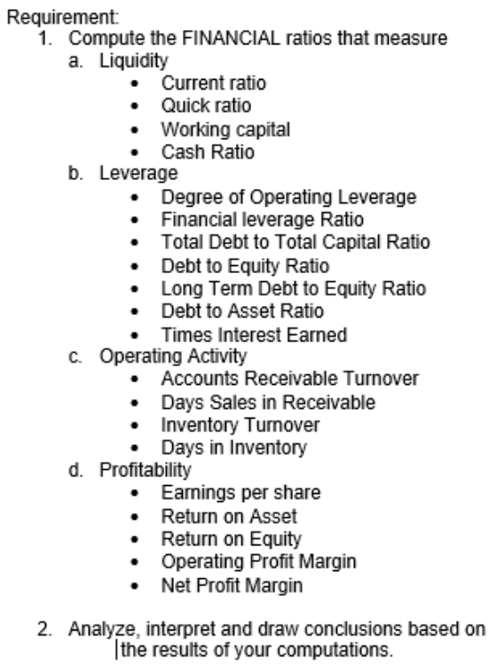 Requirement
1. Compute the FINANCIAL ratios that measure
a. Liquidity
• Current ratio
• Quick ratio
Working capital
Cash Ratio
b. Leverage
Degree of Operating Leverage
• Financial leverage Ratio
Total Debt to Total Capital Ratio
• Debt to Equity Ratio
Long Term Debt to Equity Ratio
Debt to Asset Ratio
Times Interest Earned
c. Operating Activity
Accounts Receivable Turnover
Days Sales in Receivable
Inventory Turnover
Days in Inventory
d. Profitability
• Earnings per share
• Return on Asset
Return on Equity
Operating Profit Margin
Net Profit Margin
2. Analyze, interpret and draw conclusions based on
|the results of your computations.

