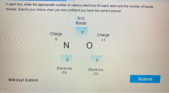 In each box, enter the appropriate number of valence electrons for each atom and the number of bonds
formed. Submit your choice when you are confident you have the correct answer.
Nitrosyl Cation
Charge
0
N
이
Electrons
(N)
N-O
Bonds
0
O
Charge
+1
0
Electrons
(0)
Submit