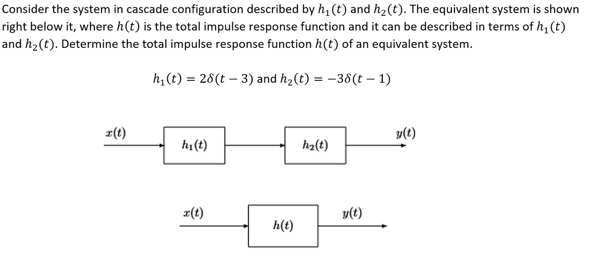 Consider the system in cascade configuration described by h, (t) and h2(t). The equivalent system is shown
right below it, where h(t) is the total impulse response function and it can be described in terms of h, (t)
and h2(t). Determine the total impulse response function h(t) of an equivalent system.
h, (t) = 28(t – 3) and h, (t) = -38(t – 1)
x(t)
y(t)
hi (t)
h2(t)
x(t)
y(t)
h(t)

