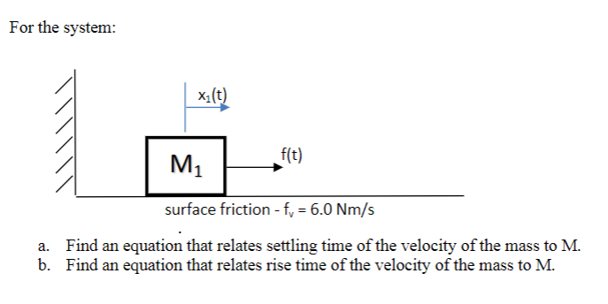 For the system:
x:(t)
f(t)
M1
surface friction - f, = 6.0 Nm/s
Find an equation that relates settling time of the velocity of the mass to M.
b. Find an equation that relates rise time of the velocity of the mass to M.
