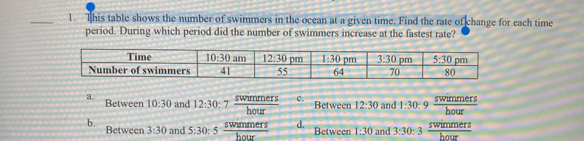 1. This table shows the number of swimmers in the ocean at a given time. Find the rate of change for each time
period. During which period did the number of swimmers increase at the fastest rate?
Time
10:30 am
12:30 pm
1:30 pm
3:30 pm
5:30 pm
Number of swimmers
41
55
64
70
80
a.
swimmers
с.
Between 12:30 and 1:30: 9
swimmers
Between 10:30 and 12:30: 7
hour
hour
b.
Between 3:30 and 5:30: 5
d.
Between 1:30 and 3:30: 3
swimmers
swimmers
hour
hour
