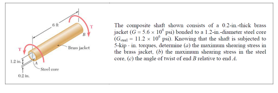 6 ft
The composite shaft shown consists of a 0.2-in.-thick brass
jacket (G = 5.6 × 10° psi) bonded to a 1.2-in.-diameter steel core
(Gsteel = 11.2 x 10° psi). Knowing that the shaft is subjected to
5-kip · in. torques, determine (a) the maximum shearing stress in
the brass jacket, (b) the maximum shearing stress in the steel
core, (c) the angle of twist of end B relative to end A.
T
B
Brass jacket
1.2 in.
- Steel core
0.2 in.
