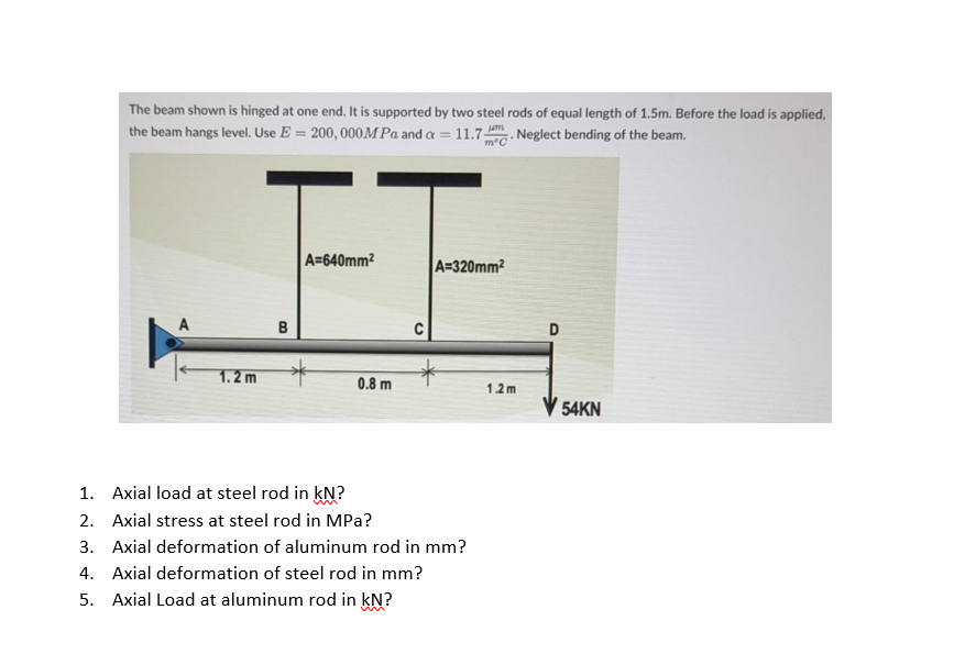 The beam shown is hinged at one end, It is supported by two steel rods of equal length of 1.5m. Before the load is applied,
the beam hangs level. Use E = 200, 000MPa and a = 11.7. Neglect bending of the beam.
m°C
FT
A=640mm?
A=320mm2
B
C
D
1.2 m
0.8 m
12m
V 54KN
1. Axial load at steel rod in kN?
un
2. Axial stress at steel rod in MPa?
3. Axial deformation of aluminum rod in mm?
4. Axial deformation of steel rod in mm?
5. Axial Load at aluminum rod in kN?
