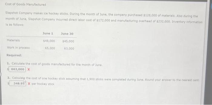 Cost of Goods Manufactured
Slapshot Company makes ice hockey sticks. During the month of June, the company purchased $128,000 of materials. Also during the
month of June, Slapshot Company incurred direct labor cost of $172,000 and manufacturing overhead of $232,000. Inventory Information
is as follows:
Materials
Work in process
Required:
June 1
$48,000
65,000
June 30
$45,000
63,000
1. Calculate the cost of goods manufactured for the month of June.
663,000 X
2. Calculate the cost of one hockey stick assuming that 1,900 sticks were completed during June. Round your answer to the nearest cent.
348.95 X per hockey stick