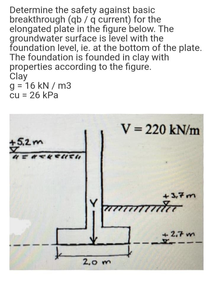 Determine the safety against basic
breakthrough (qb / q current) for the
elongated plate in the figure below. The
groundwater surface is level with the
foundation level, ie. at the bottom of the plate.
The foundation is founded in clay with
properties according to the figure.
Clay
g = 16 kN / m3
cu = 26 kPa
V = 220 kN/m
+5,2 m
々 u
+3,7 m
+2,7 m
2.0 m
