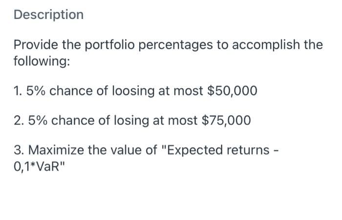 Description
Provide the portfolio percentages to accomplish the
following:
1. 5% chance of loosing at most $50,000
2. 5% chance of losing at most $75,000
3. Maximize the value of "Expected returns -
0,1*VaR"
