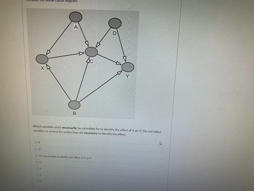 Isidel the below Causal diagram:
D
Which variables must necessarily be controlled for to identify the effect of X on Y? Do not select
variables to control for unless they are necessary to identify
effect.
OB
O It's not possible to identify the effect of X on Y
OY
