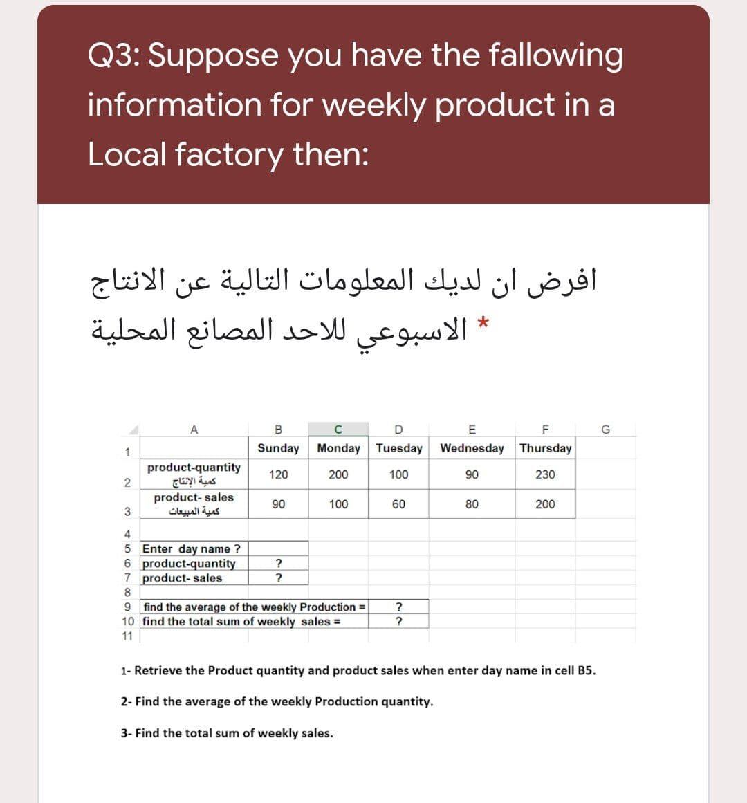 Q3: Suppose you have the fallowing
information for weekly product in a
Local factory then:
افرض ان لديك المعلومات التالية عن الانتاج
للاحد المصانع المحلية
الاسبوعي
A
B
1
Sunday
Monday Tuesday Wednesday Thursday
product-quantity
كمية الإنتاج
product- sales
كمية المبيعات
120
200
100
90
230
90
100
60
80
200
4
5 Enter day name ?
6 product-quantity
7 product- sales
8
?
9 find the average of the weekly Production D
10 find the total sum of weekly sales =
11
?
1- Retrieve the Product quantity and product sales when enter day name in cell B5.
2- Find the average of the weekly Production quantity.
3- Find the total sum of weekly sales.
