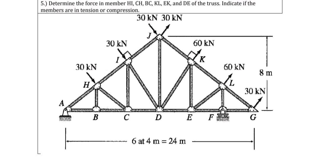 5.) Determine the force in member HI, CH, BC, KL, EK, and DE of the truss. Indicate if the
members are in tension or compression.
30 kN 30 kN
30 kN
H
B
30 kN
D
6 at 4 m 24 m
60 kN
E
60 kN
8 m
30 kN
G