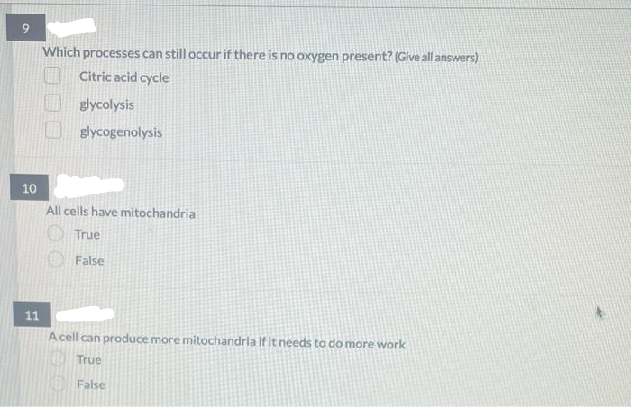 9
10
Which processes can still occur if there is no oxygen present? (Give all answers)
Citric acid cycle
glycolysis
glycogenolysis
All cells have mitochandria
True
False
11
A cell can produce more mitochandria if it needs to do more work
True
False