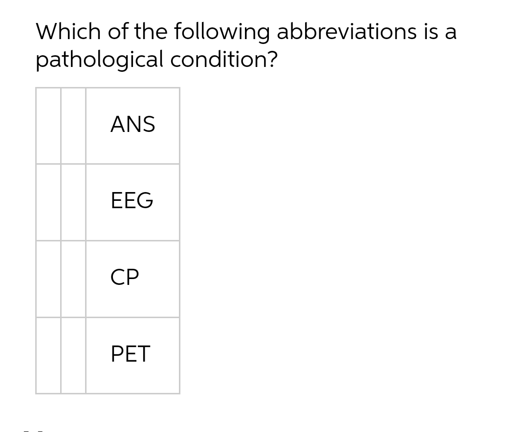 Which of the following abbreviations is a
pathological condition?
ANS
EEG
СР
PET
