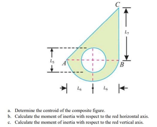 L7
L5
A
L6
L6
a. Determine the centroid of the composite figure.
b. Calculate the moment of inertia with respect to the red horizontal axis.
c. Calculate the moment of inertia with respect to the red vertical axis.
