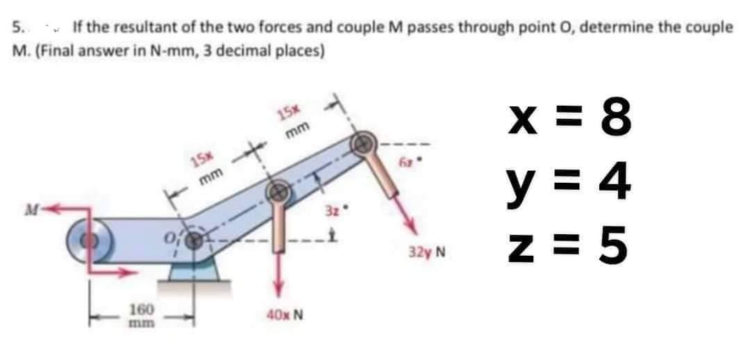 5.
If the resultant of the two forces and couple M passes through point O, determine the couple
M. (Final answer in N-mm, 3 decimal places)
M
160
mm
15x
mm -+-
15x
mm
40x N
_t
32y N
x = 8
y = 4
z = 5