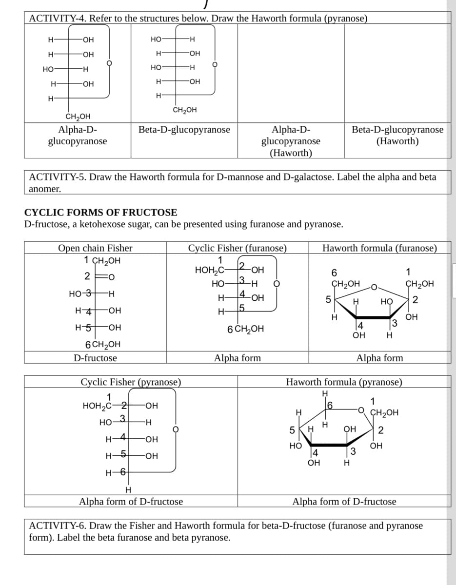 ACTIVITY-4. Refer to the structures below. Draw the Haworth formula (pyranose)
-OH
но
H-
FOH
FOH-
но
но
H-
H
FOH
H
FOH-
H-
CH2OH
CH2OH
Alpha-D-
glucopyranose
Beta-D-glucopyranose
(Haworth)
Beta-D-glucopyranose
Alpha-D-
glucopyranose
(Haworth)
ACTIVITY-5. Draw the Haworth formula for D-mannose and D-galactose. Label the alpha and beta
anomer.
CYCLIC FORMS OF FRUCTOSE
D-fructose, a ketohexose sugar, can be presented using furanose and pyranose.
Cyclic Fisher (furanose)
1
2OH
Open chain Fisher
Haworth formula (furanose)
1 CH2OH
HOH,C-
1
2 F0
НО
3_H.
ÇH2OH
ÇH2OH
но з—н
4
H-
H
но
2
H-4
HO-
H-
5.
OH
13
H-5 FOH
6 CH,OH
14
OH
H.
6 CH2OH
D-fructose
Alpha form
Alpha form
Cyclic Fisher (pyranose)
Haworth formula (pyranose)
1
HOH2C-2
3.
1
HO-
CH2OH
Но
H.
5
он
2
H-4
HO-
Но
4
OH
3
H-5
FHO-
OH
H-6
H
Alpha form of D-fructose
Alpha form of D-fructose
ACTIVITY-6. Draw the Fisher and Haworth formula for beta-D-fructose (furanose and pyranose
form). Label the beta furanose and beta pyranose.
