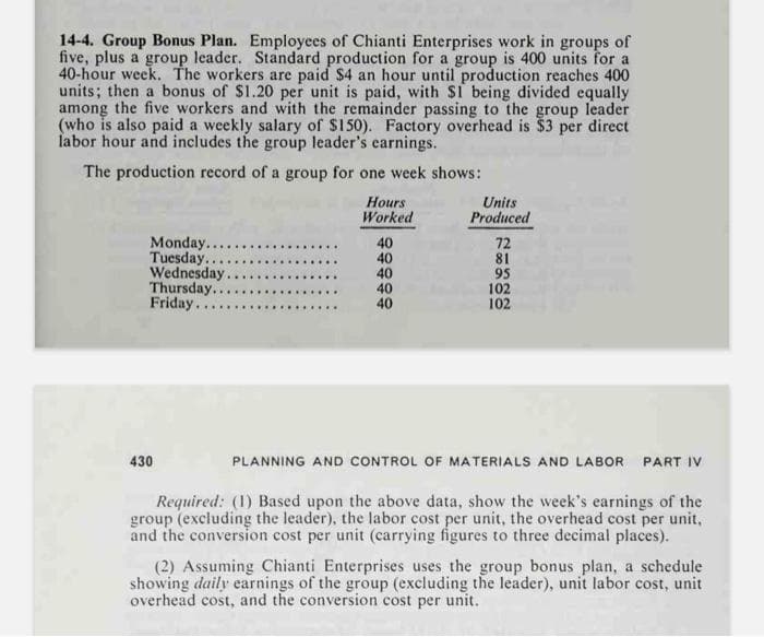 14-4. Group Bonus Plan. Employees of Chianti Enterprises work in groups of
five, plus a group leader. Standard production for a group is 400 units for a
40-hour week. The workers are paid $4 an hour until production reaches 400
units; then a bonus of $1.20 per unit is paid, with $1 being divided equally
among the five workers and with the remainder passing to the group leader
(who is also paid a weekly salary of $150). Factory overhead is $3 per direct
labor hour and includes the group leader's earnings.
The production record of a group for one week shows:
Monday....
Tuesday..
Wednesday.
Thursday..
Friday..
430
Hours
Worked
40
40
40
40
40
Units
Produced
72
81
95
102
102
PLANNING AND CONTROL OF MATERIALS AND LABOR PART IV
Required: (1) Based upon the above data, show the week's earnings of the
group (excluding the leader), the labor cost per unit, the overhead cost per unit,
and the conversion cost per unit (carrying figures to three decimal places).
(2) Assuming Chianti Enterprises uses the group bonus plan, a schedule
showing daily earnings of the group (excluding the leader), unit labor cost, unit
overhead cost, and the conversion cost per unit.