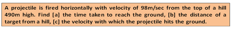 A projectile is fired horizontally with velocity of 98m/sec from the top of a hill
490m high. Find [a] the time taken to reach the ground, [b] the distance of a
target from a hill, [c] the velocity with which the projectile hits the ground.

