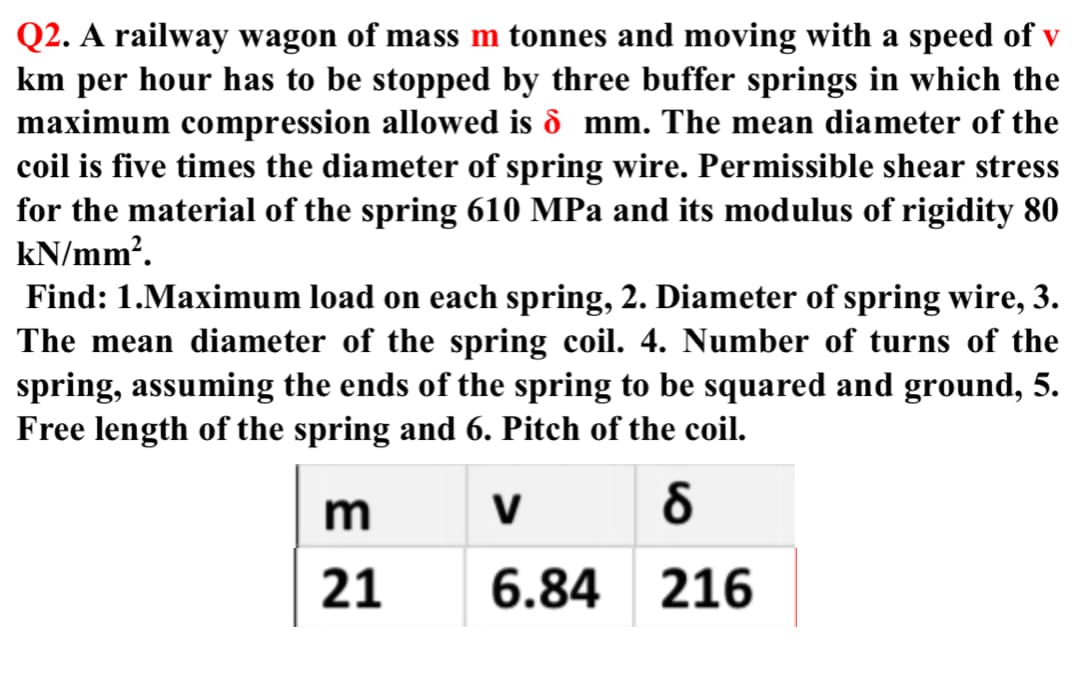 Q2. A railway wagon of mass m tonnes and moving with a speed of v
km per hour has to be stopped by three buffer springs in which the
maximum compression allowed is ò mm. The mean diameter of the
coil is five times the diameter of spring wire. Permissible shear stress
for the material of the spring 610 MPa and its modulus of rigidity 80
kN/mm?.
Find: 1.Maximum load on each spring, 2. Diameter of spring wire, 3.
The mean diameter of the spring coil. 4. Number of turns of the
spring, assuming the ends of the spring to be squared and ground, 5.
Free length of the spring and 6. Pitch of the coil.
m
V
21
6.84 216
