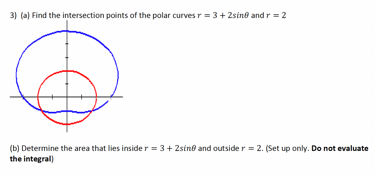 3) (a) Find the intersection points of the polar curves r = 3 + 2sin0 and r = 2
(b) Determine the area that lies inside r = 3+ 2sin0 and outside r
the integral)
2. (Set up only. Do not evaluate
