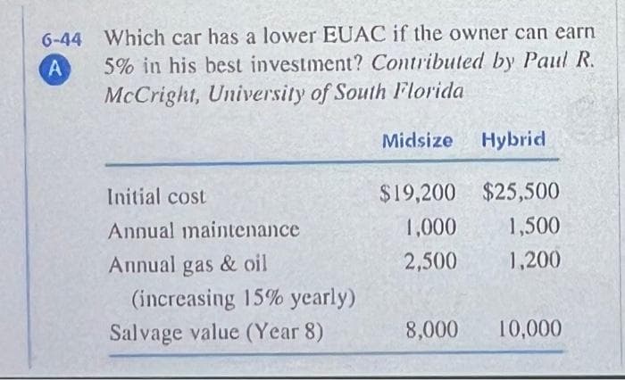 6-44 Which car has a lower EUAC if the owner can earn
5% in his best investment? Contributed by Paul R.
McCright, University of South Florida
A
Initial cost
Annual maintenance
Annual gas & oil
(increasing 15% yearly)
Salvage value (Year 8)
Midsize
Hybrid
$19,200 $25,500
1,000
1,500
2,500
1,200
8,000 10,000