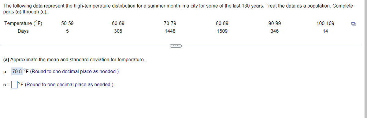 The following data represent the high-temperature distribution for a summer month in a city for some of the last 130 years. Treat the data as a population. Complete
parts (a) through (c).
Temperature (°F)
50-59
60-69
70-79
80-89
90-99
100-109
Days
305
1448
1509
346
14
(a) Approximate the mean and standard deviation for temperature.
H= 79.8 °F (Round to one decimal place as needed.)
°F (Round to one decimal place as needed.)

