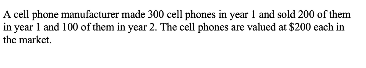 A cell phone manufacturer made 300 cell phones in year 1 and sold 200 of them
in year 1 and 100 of them in year 2. The cell phones are valued at $200 each in
the market.
