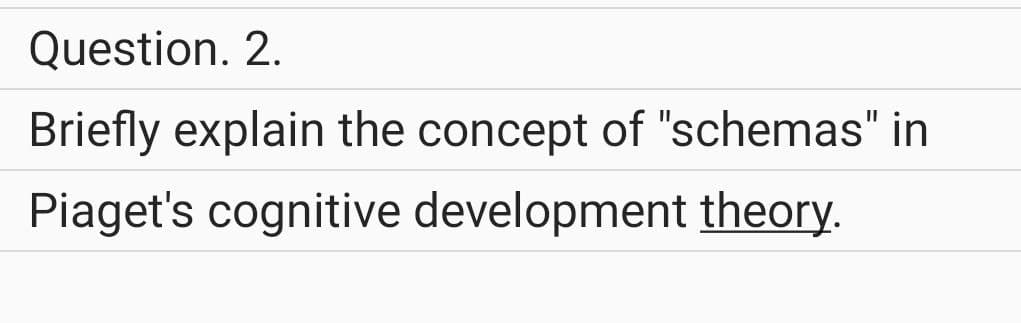 Question. 2.
Briefly explain the concept of "schemas" in
Piaget's cognitive development theory.