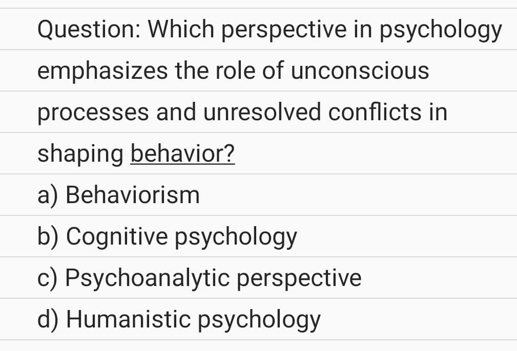 Question: Which perspective in psychology
emphasizes the role of unconscious
processes and unresolved conflicts in
shaping behavior?
a) Behaviorism
b) Cognitive psychology
c) Psychoanalytic perspective
d) Humanistic psychology