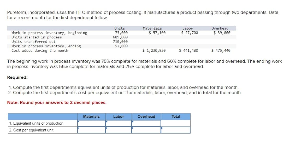 Pureform, Incorporated, uses the FIFO method of process costing. It manufactures a product passing through two departments. Data
for a recent month for the first department follow:
Work in process inventory, beginning
Units started in process
Units transferred out
Work in process inventory, ending
Cost added during the month
1. Equivalent units of production
2. Cost per equivalent unit
Units
73,000
689,000
710,000
52,000
Materials
Materials
$ 57,100
$441,480
$ 475,440
The beginning work in process inventory was 75% complete for materials and 60% complete for labor and overhead. The ending work
in process inventory was 55% complete for materials and 25% complete for labor and overhead.
Required:
1. Compute the first department's equivalent units of production for materials, labor, and overhead for the month.
2. Compute the first department's cost per equivalent unit for materials, labor, overhead, and in total for the month.
Note: Round your answers to 2 decimal places.
Labor
$ 1,230,930
Overhead
Labor
$ 27,700
Total
Overhead
$ 39,000