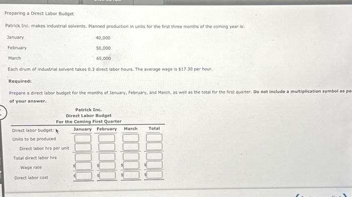 Preparing a Direct Labor Budget
Patrick Inc. makes industrial solvents. Planned production in units for the first three months of the coming year is:
January
February
40,000
50,000
65,000
Each drum of industrial solvent takes 0.3 direct labor hours. The average wage is $17.30 per hour.
March
Required:
Prepare a direct labor budget for the months of January, February, and March, as well as the total for the first quarter. Do not include a multiplication symbol as pa
of your answer.
Patrick Inc.
Direct Labor Budget
For the Coming First Quarter
January February
Direct labor budget:
Units to be produced
Direct labor hrs per unit
Total direct labor hrs.
Wage rate
Direct labor cost
March
Total