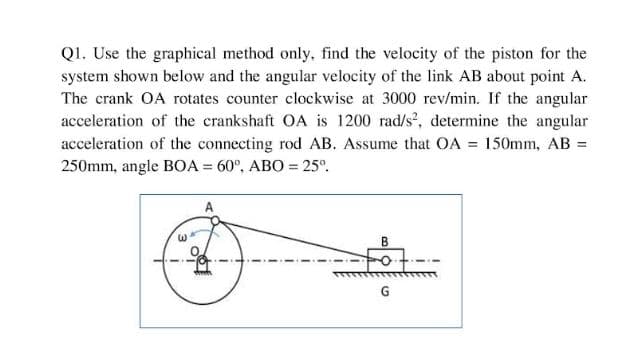 Q1. Use the graphical method only, find the velocity of the piston for the
system shown below and the angular velocity of the link AB about point A.
The crank OA rotates counter clockwise at 3000 rev/min. If the angular
acceleration of the crankshaft OA is 1200 rad/s, determine the angular
acceleration of the connecting rod AB. Assume that OA = 150mm, AB =
250mm, angle BOA = 60°, ABO = 25°.
G
